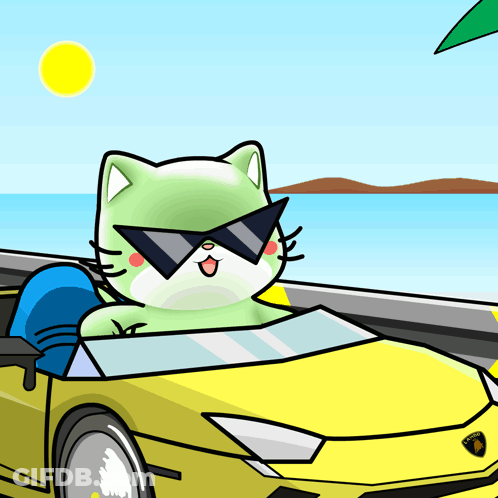 A Cat Wearing Sunglasses Is Driving A Yellow Lamborghini GIF