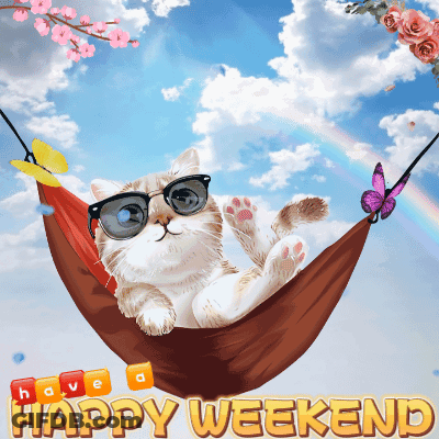 A Cat Wearing Sunglasses Is Laying In A Hammock With The Words Happy Weekend Written Below It GIF