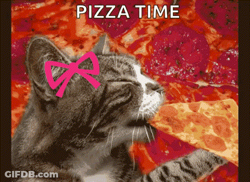 A Cat With A Bow On Its Head Is Eating A Slice Of Pizza GIF