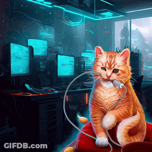 A Cat With A Cord In Its Mouth Is Sitting In Front Of A Computer Monitor GIF