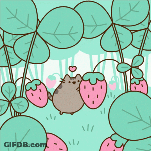 A Cat With A Heart On Its Head Is Surrounded By Strawberries And Leaves GIF