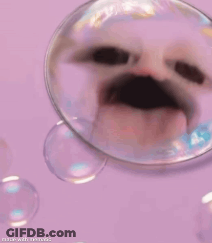 A Cat With A Mustache Is Surrounded By Soap Bubbles On A Purple Surface . GIF