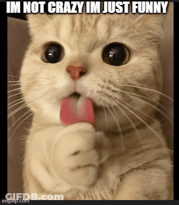 A Cat With A Pink Tongue Sticking Out And The Words Im Not Crazy Im Just Funny GIF