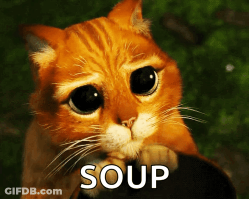 A Cat With A Sad Look On Its Face And The Word Soup Written Below It GIF