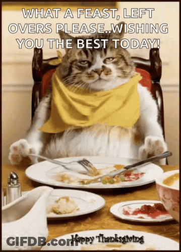 A Cat With A Yellow Scarf Around Its Neck Sits At A Table With Plates Of Food And A Happy Thanksgiving Greeting GIF