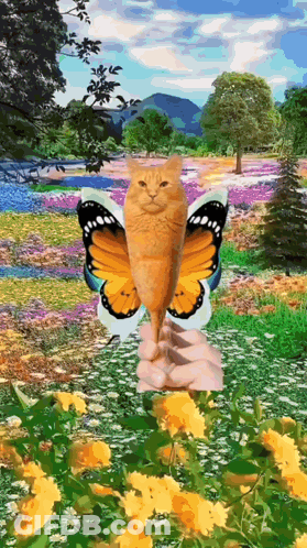 Cat With Butterfly Wings In Flower Field GIF