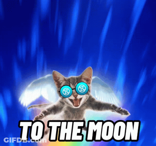 A Cat With Glasses And Wings Is Flying Through The Air With The Words To The Moon Below It GIF