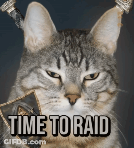 A Cat With Horns And A Shield Has The Words Time To Raid On Its Face GIF