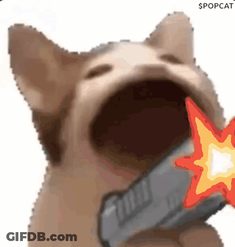 A Cat With Its Mouth Open Is Holding A Gun With A Flame Coming Out Of It 'S Mouth GIF