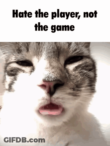 A Cat With Its Tongue Sticking Out And The Words Hate The Player Not The Game Above It GIF