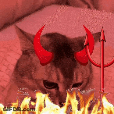 A Cat With Red Horns And A Trident GIF