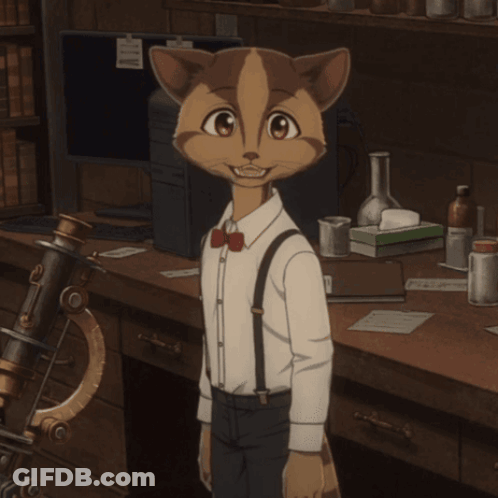 A Cat With Suspenders And A Bow Tie Stands In Front Of A Desk GIF