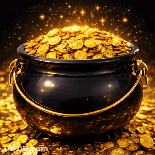 A Cauldron Filled With Gold Coins With The Letter S On Them GIF