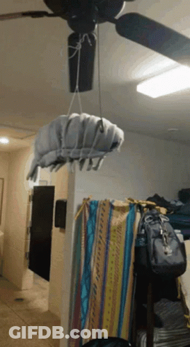 A Ceiling Fan Is Hanging From The Ceiling In A Room GIF