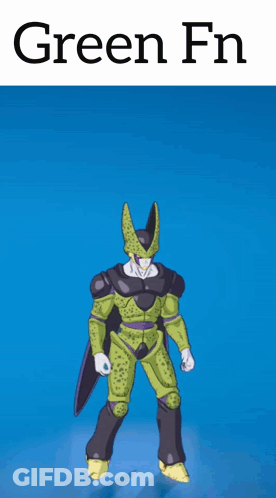 A Cell From Dragon Ball Z Is Playing Basketball With A Basketball Hoop Behind Him That Says Green Fn GIF
