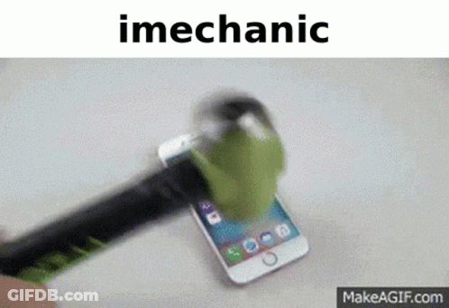 A Cell Phone Is Being Smashed By A Hammer With The Word Imechanic Written Above It GIF