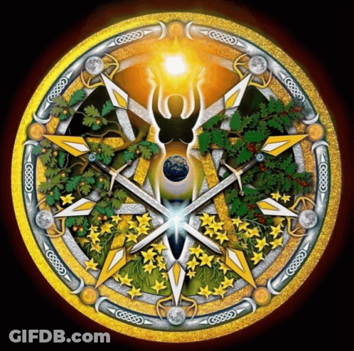 A Celtic Circle With A Woman Holding A Sword In The Center GIF