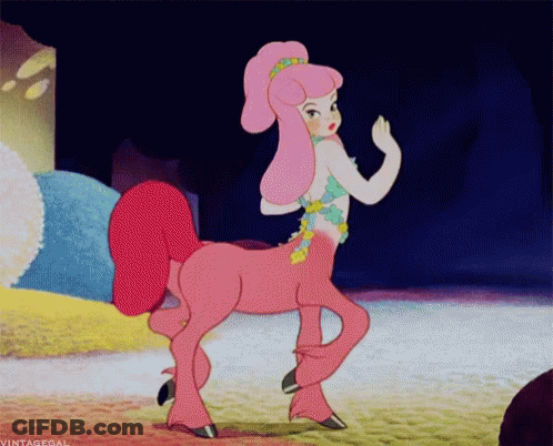 A Centaur With Pink Hair And A Red Tail GIF