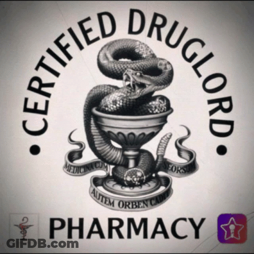 A Certified Druglord Pharmacy Logo With A Snake And A Cup GIF