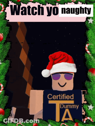 A Certified Dummy Wearing A Santa Hat And Sunglasses Is Surrounded By Christmas Decorations GIF