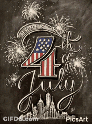 A Chalkboard Drawing Of Fireworks And The Words Happy 4Th Of July GIF