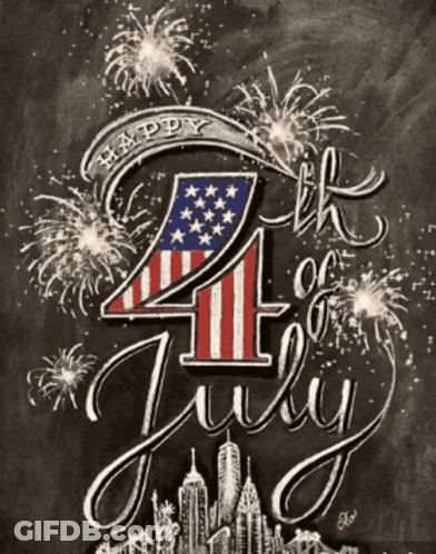 A Chalkboard Drawing With Fireworks And The Words Happy 4Th Of July GIF