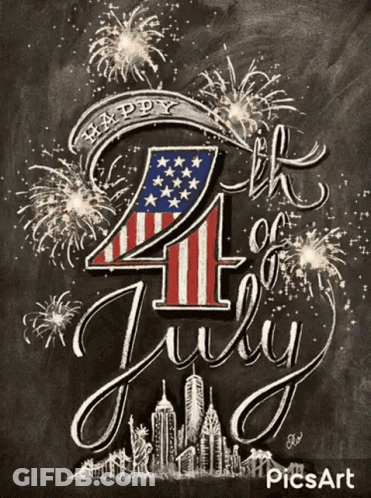 A Chalkboard Drawing With Fireworks And The Words Happy 4Th Of July GIF