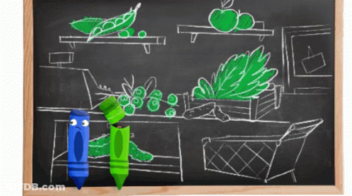 A Chalkboard With A Drawing Of Vegetables And A Blue And Green Crayon GIF