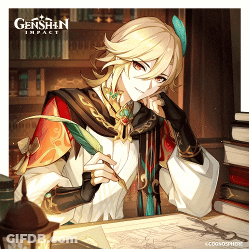A Character From Genshin Impact Sits At A Desk GIF