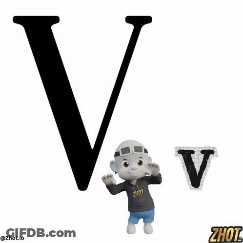A Character Wearing A Zhot Hoodie Stands Next To A Letter V GIF
