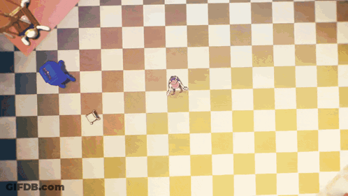 A Checkered Floor With A Blue Chair And A Pink Chair GIF