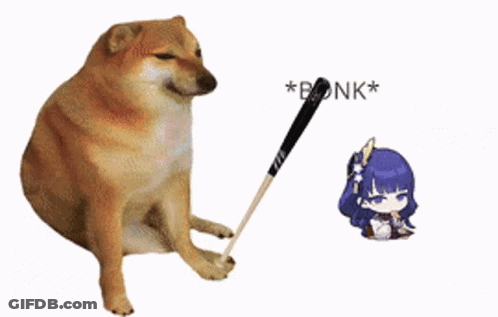 A Cheems Dog Is Holding A Baseball Bat Next To A Chibi Character . GIF