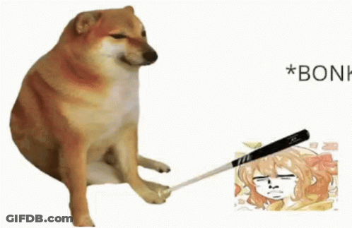 A Cheems Dog Is Sitting Next To A Picture Of A Girl With A Baseball Bat . GIF