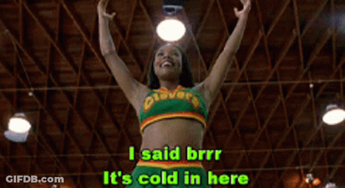 A Cheerleader In A Clover Uniform Says " I Said Brrr It 'S Cold In Here " GIF