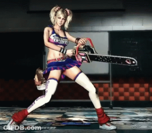 A Cheerleader Is Holding A Chainsaw And Wearing A Shirt That Says Sweet Home Knights GIF