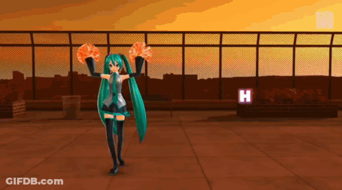 A Cheerleader Is Holding Up Her Pom Poms In Front Of A Fence With The Letter H In The Background GIF