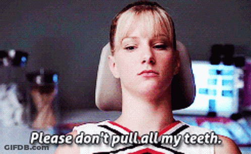 A Cheerleader Is Sitting In A Chair And Says Please Don T Pull All My Teeth GIF