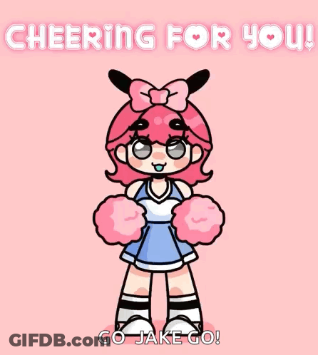 A Cheerleader With Pink Pom Poms And The Words Cheering For You On The Bottom GIF