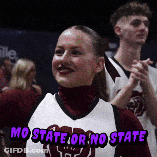 A Cheerleader With The Words Mo State Or No State On Her Chest GIF