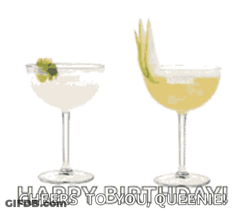 A Cheers To You Queenie Greeting Card With Two Glasses Of Drinks GIF