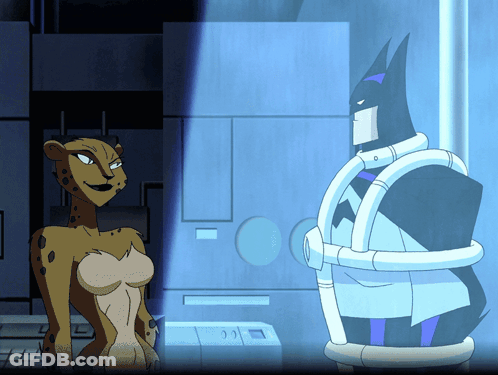 A Cheetah And A Batman Are Standing Next To Each Other In A Dark Room GIF