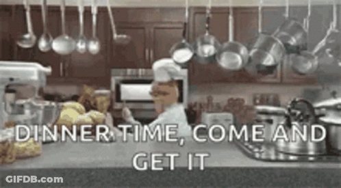 A Chef Is Cooking In A Kitchen With The Words Dinner Time Come And Get It GIF