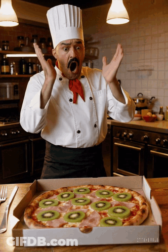 A Chef Is Looking At A Pizza With Kiwi Slices On It GIF