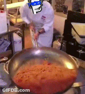 A Chef Is Stirring A Pan Of Sauce With A Smiley Face Drawn On His Head GIF