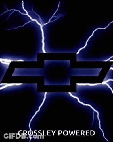 A Chevrolet Logo With Lightning Behind It And The Words Crossley Powered GIF