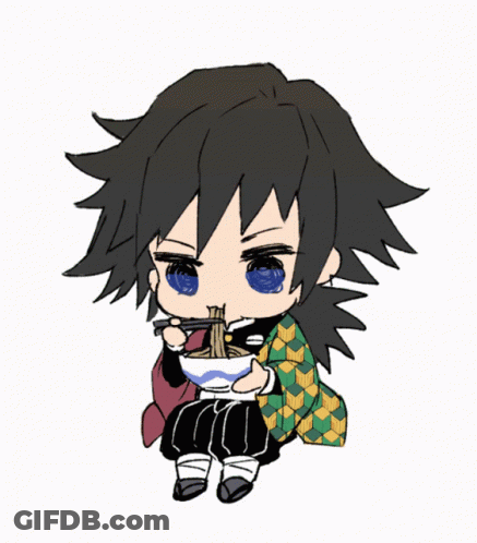 A Chibi Drawing Of A Person Eating Noodles With Chopsticks GIF