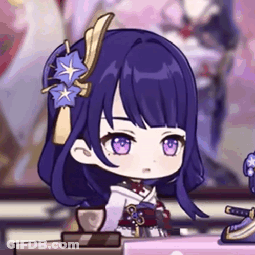 A Chibi Girl With Purple Hair And Purple Eyes Is Sitting At A Table With A Book . GIF