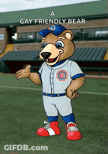 A Chicago Cubs Mascot Is Wearing A Blue And White Striped Uniform GIF