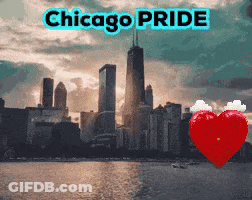 A Chicago Pride Poster With A City Skyline And A Red Heart In The Foreground GIF