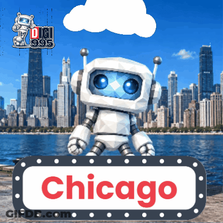 A Chicago Sign With A Robot In Front Of It GIF